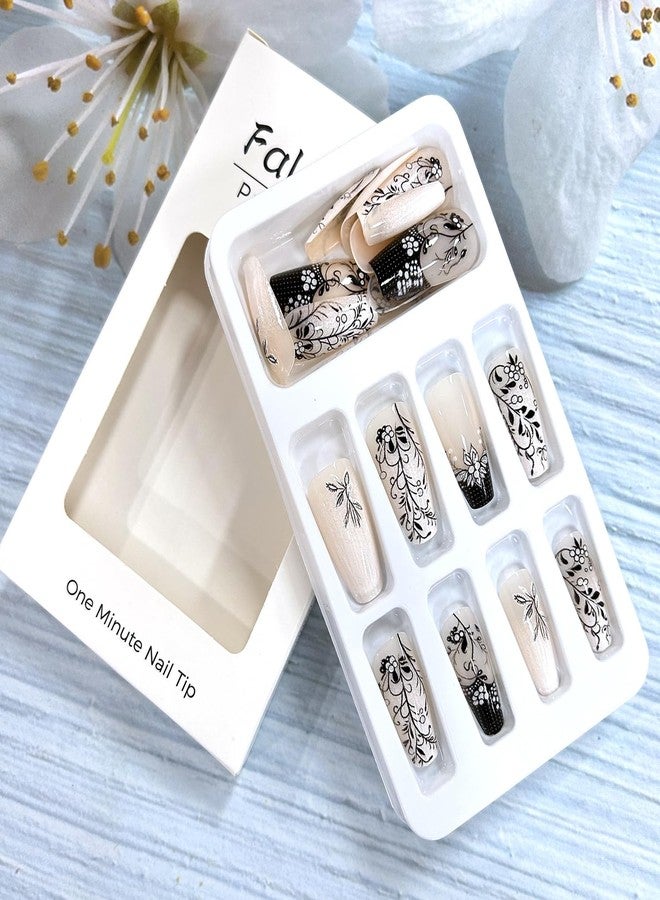 CJDLTS Press on Nails Medium Length Ballet Shaped Black Branches Pattern Design Glossy Medium Acrylic False Nail Full Cover Artificial Press Ons Stick on Nail French Glue on Nails for Women 24Pcs - Image 4